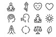 © Настя Шевчук - Mind and Body Icons. Mind and body. Line icon set of mind and body: meditating person, yoga pose, calm face, heart, brain, breathing icon, lotus pose, light