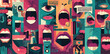 © Rozzie - Colagem vibrante de bocas abertas e olhos expressivos em estilo gráfico abstrato, representando comunicação e voz.