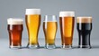 © Olena - Row of cold assorted craft beers from pale lager to dark stout in tall wet glasses with foam on light grey seamless background, refreshing beverage advertising concept