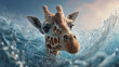 © Parol - Close up of a giraffe's head emerging from turbulent water with a bright sky background