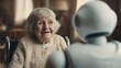 © nina blez - An elderly white woman in a wheelchair communicates with a pet robot. Room, soft light, close-up.