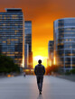 © Mselected - Walking through a cityscape under a vibrant sunset sky
