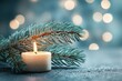 © Helen - Simple New Year's composition with one elegant evergreen sprig, a flickering candle, and ample negative space, bright soft lighting creating a serene festive mood