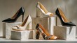 © SaroStock - Diverse women's heels on white cubes against neutral background showcasing stiletto, Mary Jane, block heel, and low heel styles