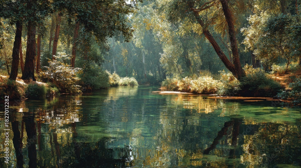 Calm river reflects sky and trees in a peaceful outdoor Nature Scene in ...