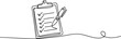 © Single Line Art - Continuous line art drawing of a clipboard with a checked task list and a pen, symbolizing successful completion or efficient planning goals Vector, illustration