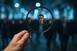 © The Little Hut - Person of Interest: Close-Up of a Man in Crowd Through Magnifying Glass, Mystery and Focus