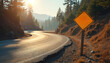© Viktor - Yellow diamond warning sign on winding mountain road. Sunlit asphalt curve leads through pine forest. Cautionary alert for rough road ahead.