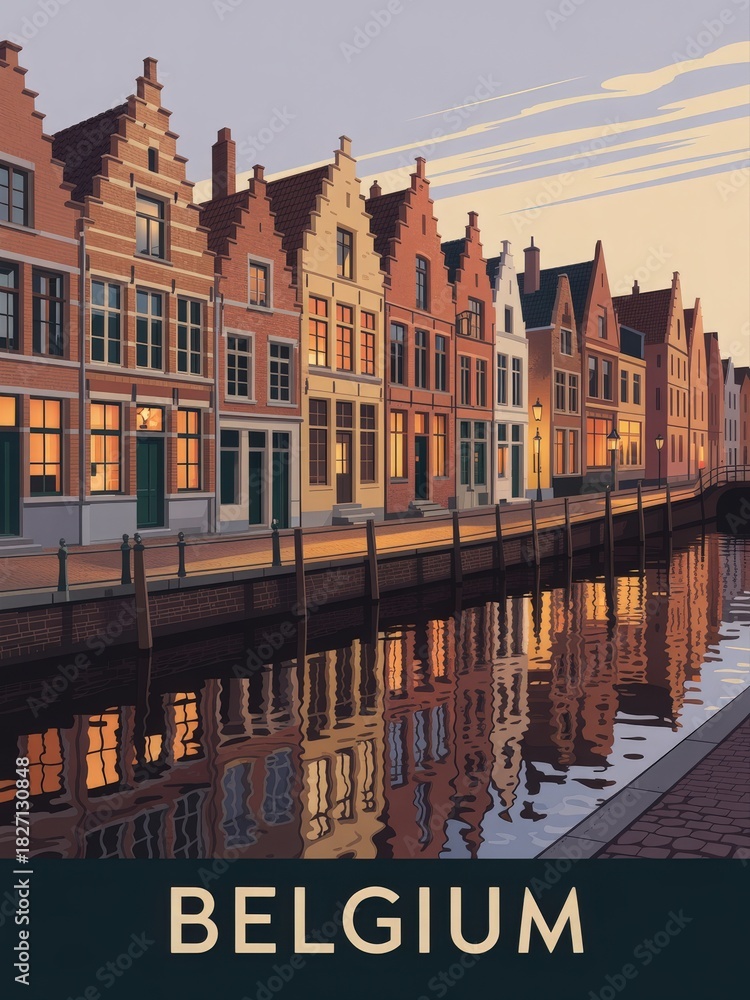 A serene canal with charming, historic buildings reflecting in the water. Soft lights illuminate the windows as the sun sets, creating a warm and inviting atmosphere.