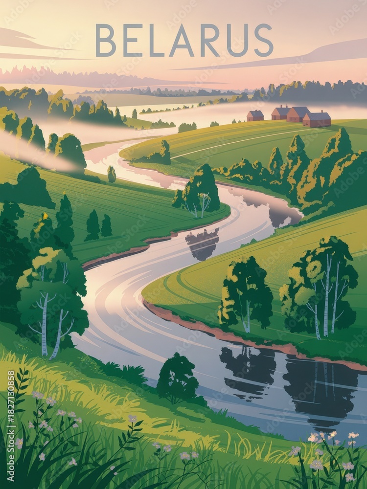 A tranquil scene unfolds in Belarus as a winding river reflects the colors of sunset. Lush fields and trees surround the water, while distant houses add charm to this serene countryside.