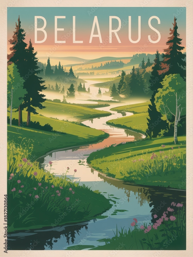A serene scene in Belarus captures a winding river meandering through green fields and forests. The sky is painted with soft sunset hues. Nature thrives in this tranquil setting.