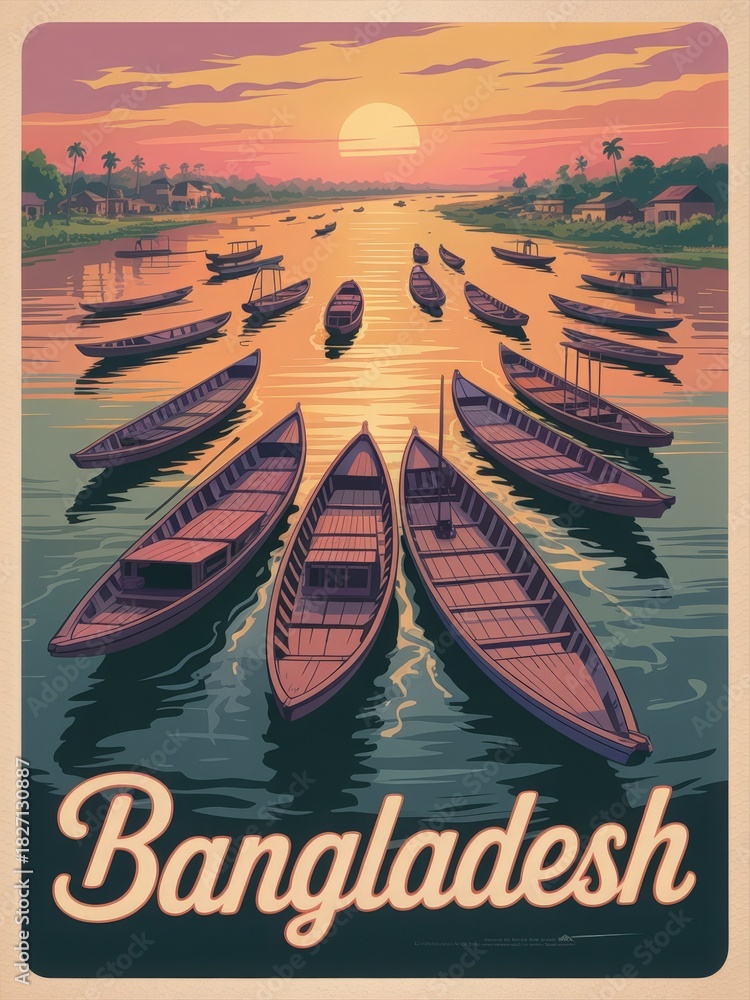 A beautiful sunset scene is showcased with multiple boats resting on calm waters. The soft orange and pink hues in the sky reflect on the waters surface, creating a tranquil atmosphere.