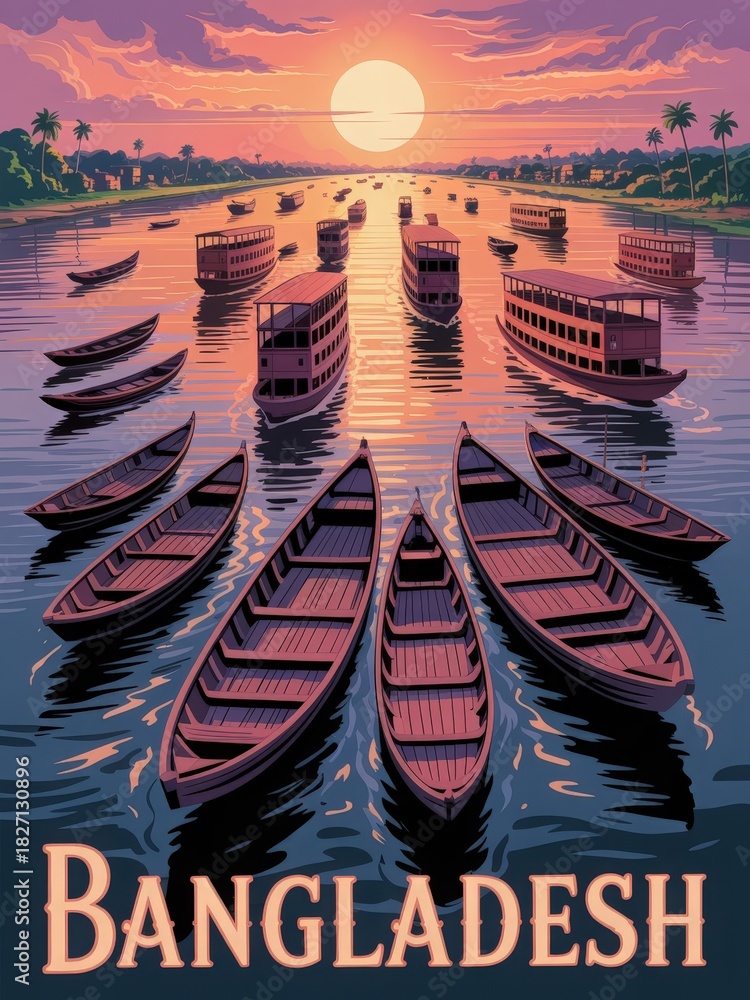 A vibrant sunset reflects on calm water in Bangladesh, surrounded by traditional boats. Palm trees line the shore as tranquility fills the scene, capturing natures beauty at dusk.