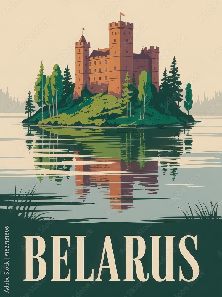 A stunning castle sits on an island in Belarus, reflecting beautifully in the calm water. Lush trees frame the scene, creating a peaceful and picturesque view of nature and history.