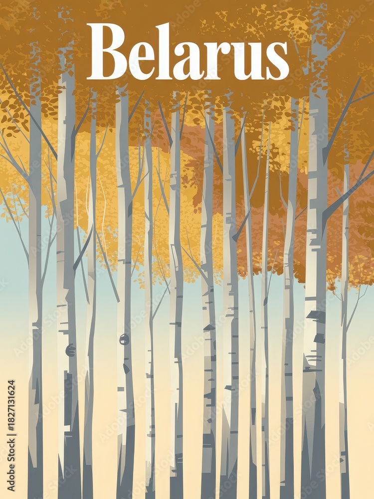 Tall trees with slender trunks stand in a peaceful landscape of Belarus. The scene captures autumn as golden leaves fill the treetops, creating a calm and inviting atmosphere.