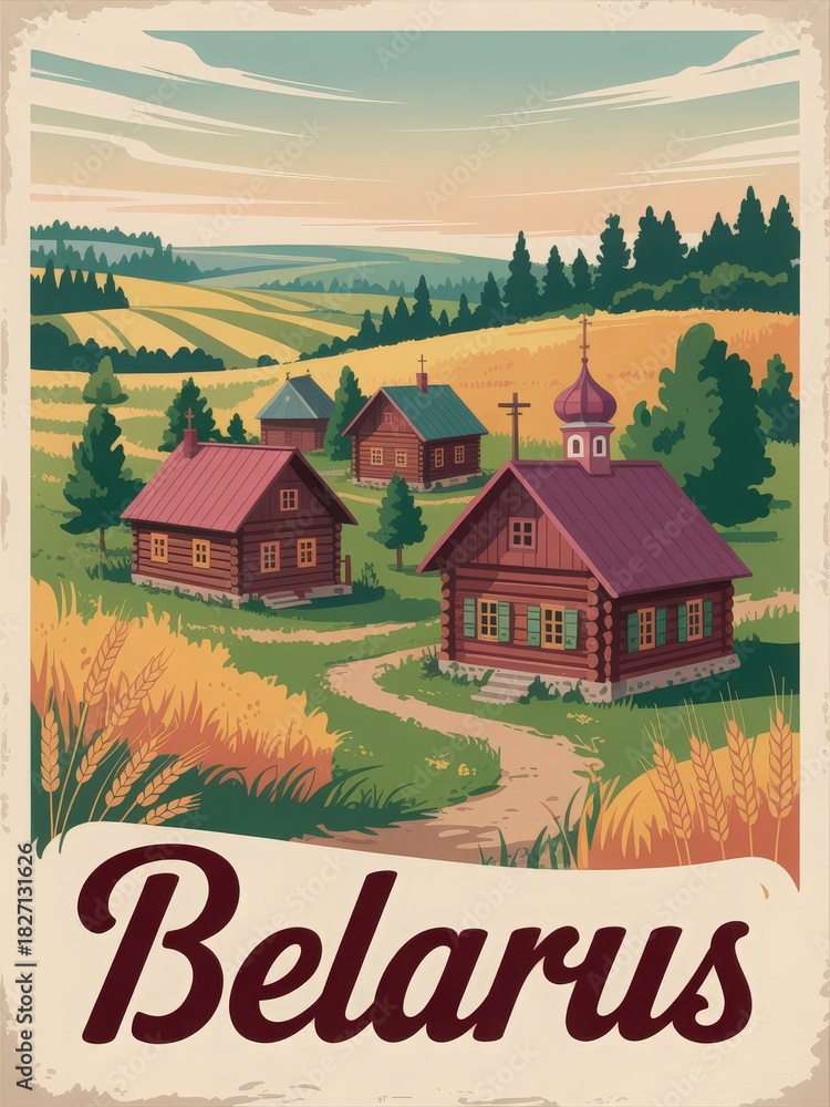 The view showcases beautiful wooden houses surrounded by vibrant fields in Belarus. The setting sun casts a warm glow on the landscape, highlighting the rural charm and tranquility of the scene.