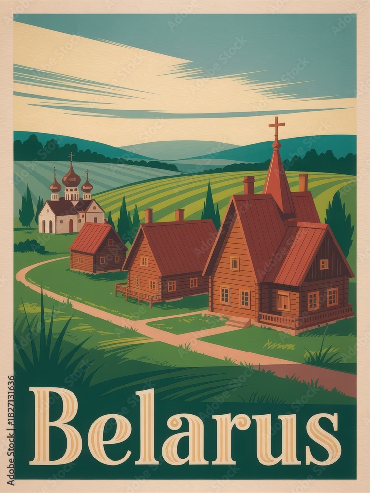This scene showcases the serene Belarusian countryside, featuring traditional wooden houses set against rolling hills. Two ornate churches are visible in the background under a bright sky.