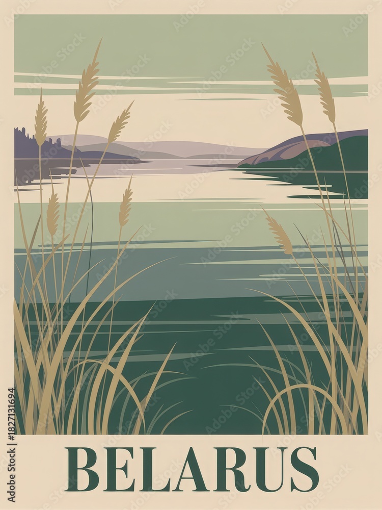 A serene view of a lake in Belarus, surrounded by gentle hills and tall grasses. The soft colors create a peaceful atmosphere inviting relaxation and reflection.