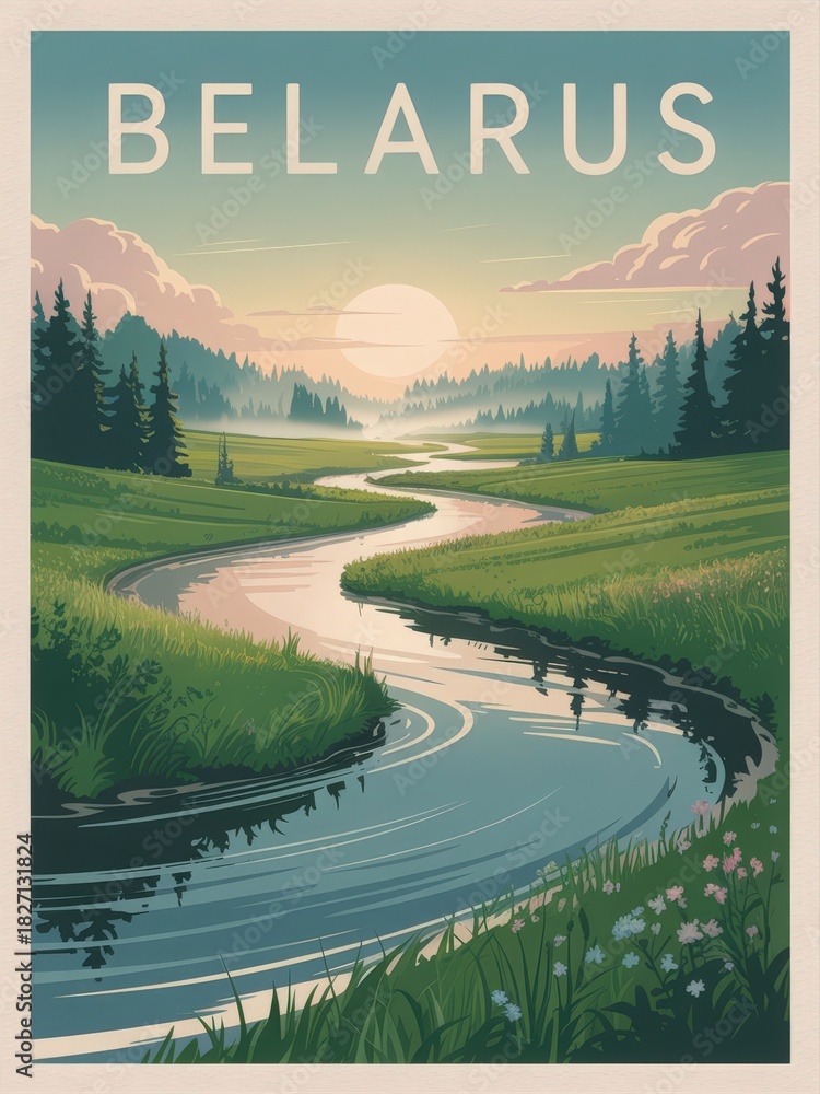 A serene river flows through vibrant green fields and trees under a soft sunset sky in Belarus. The tranquil scene captures the beauty of nature and the peaceful countryside.