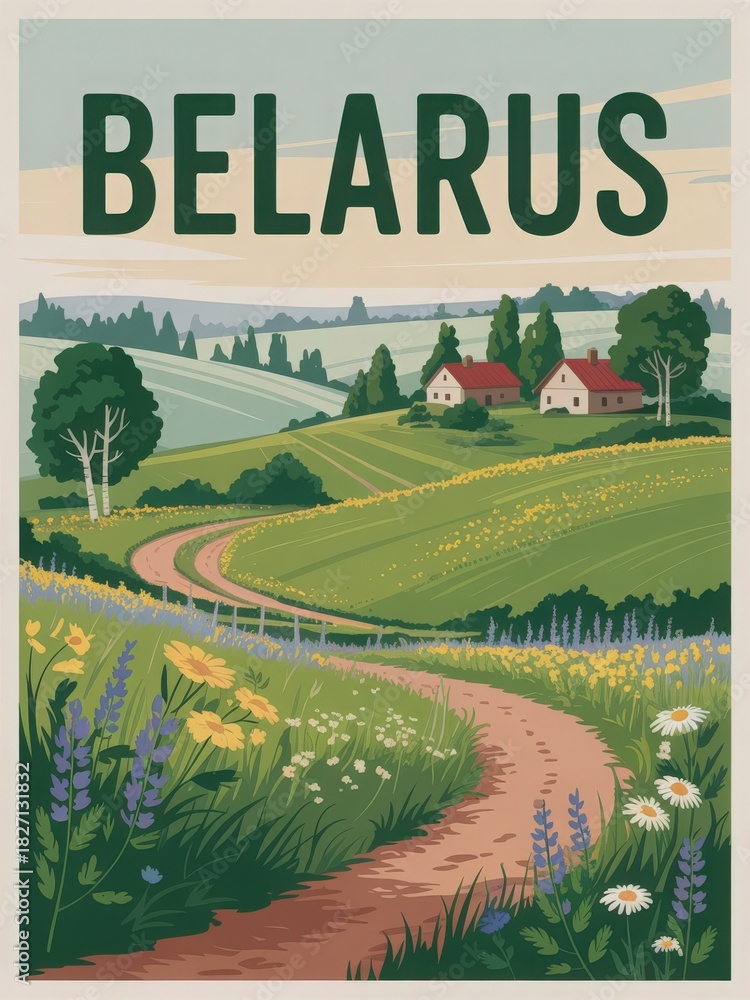 Lush green hills stretch across the landscape of Belarus, dotted with vibrant wildflowers.