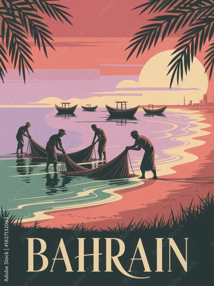 Fishermen are seen casting nets in the shallow waters of Bahrain, as traditional boats float nearby. The vibrant sunset casts warm hues over the scene, highlighting their hard work.