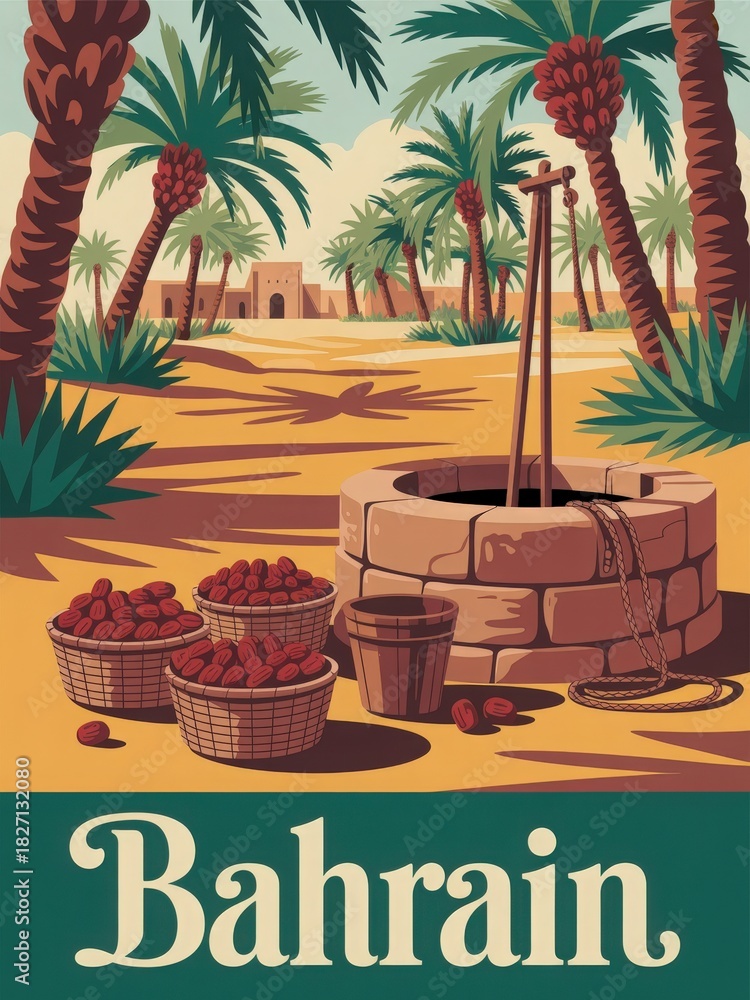 In a serene landscape of Bahrain, date palms tower over a scene featuring baskets full of ripe dates, a traditional well, and an ancient structure in the background.