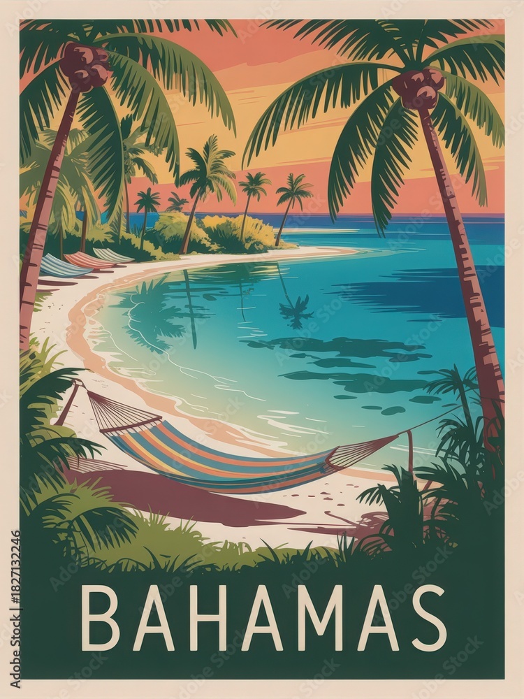 A beautiful tropical beach in the Bahamas showcases a hammock strung between palm trees. The sun sets, casting warm colors in the sky while gentle waves lap at the shore.
