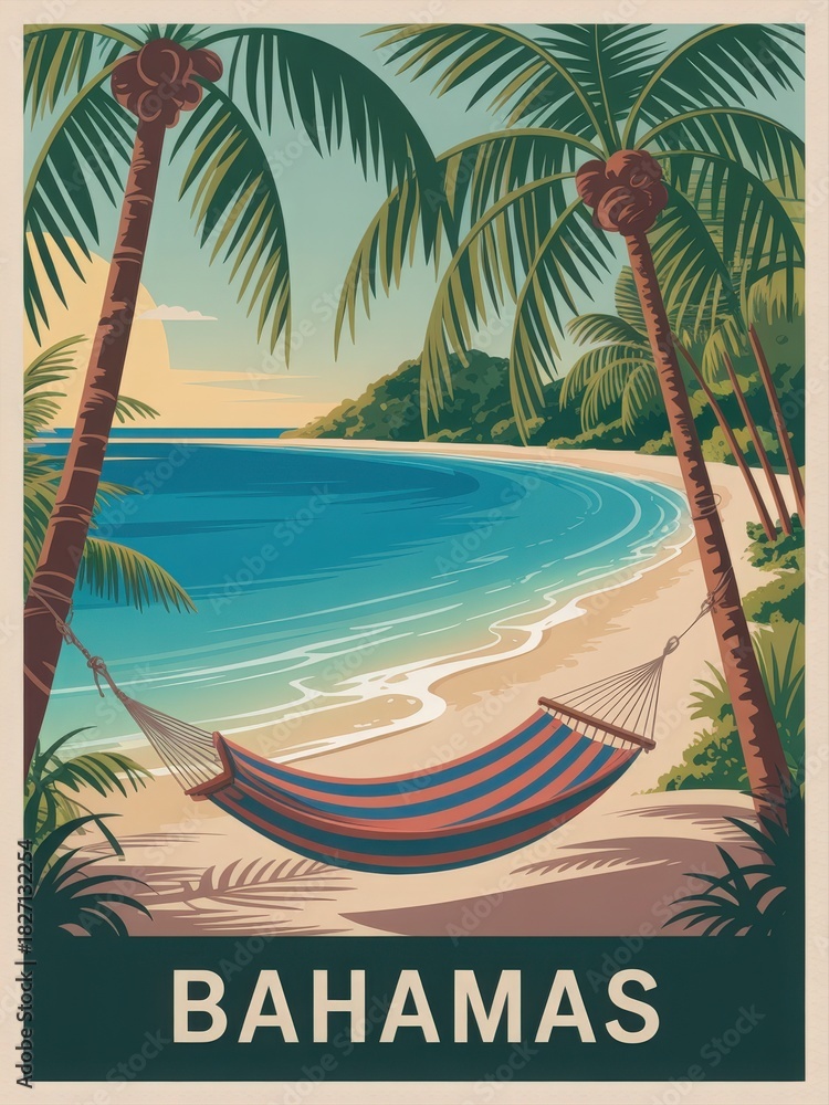 A hammock hangs between two palm trees on a sandy beach. The serene ocean is calm, and the sun sets behind lush greenery, creating a peaceful atmosphere for relaxation.