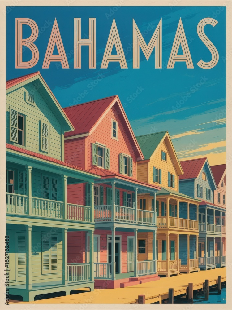 Brightly colored homes line the waterfront in the Bahamas. The wooden structures feature porches, and vibrant hues create a cheerful atmosphere. The sun casts soft shadows on the dock.
