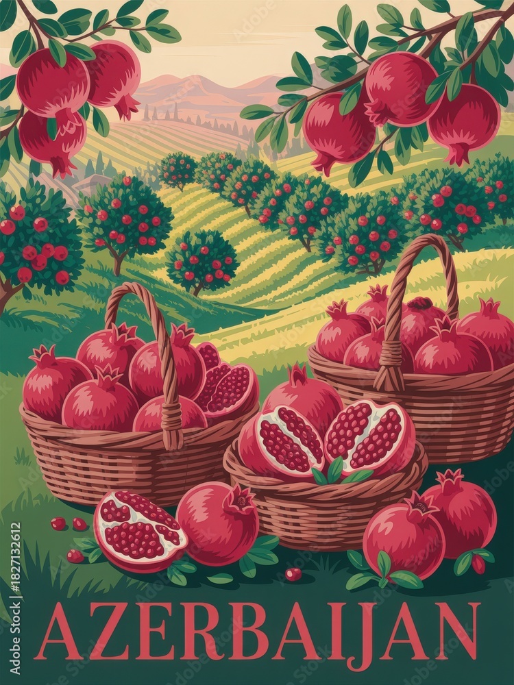 Baskets overflow with ripe pomegranates in a picturesque valley of Azerbaijan. Lush orchards and rolling hills reflect the beauty of autumn, showcasing a colorful and fruitful harvest.