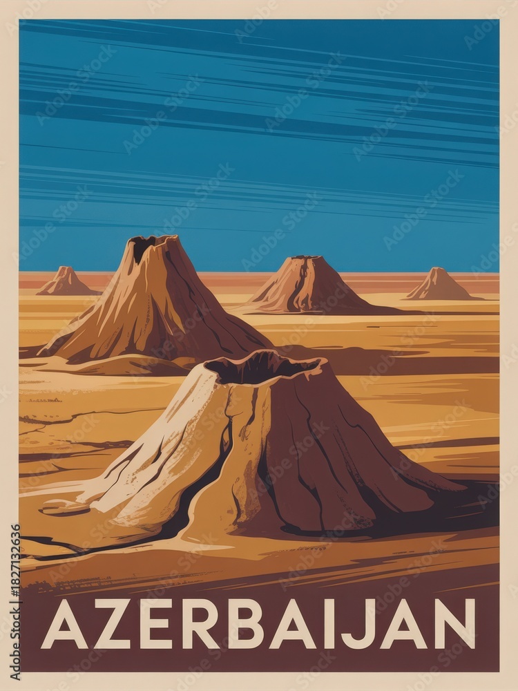 This scene features striking mud volcanoes rising from the arid landscape of Azerbaijan. The vibrant blue sky contrasts with the earthy tones of the ground, creating a picturesque view.