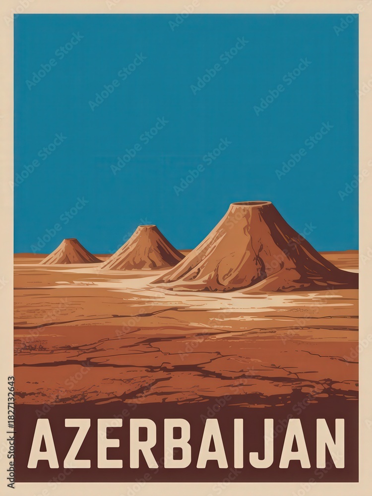 Three distinctive hills rise from the dry earth of Azerbaijan. They are shaped like cones and sit against a bright blue sky. The scene shows the beauty of the natural world in a unique environment.