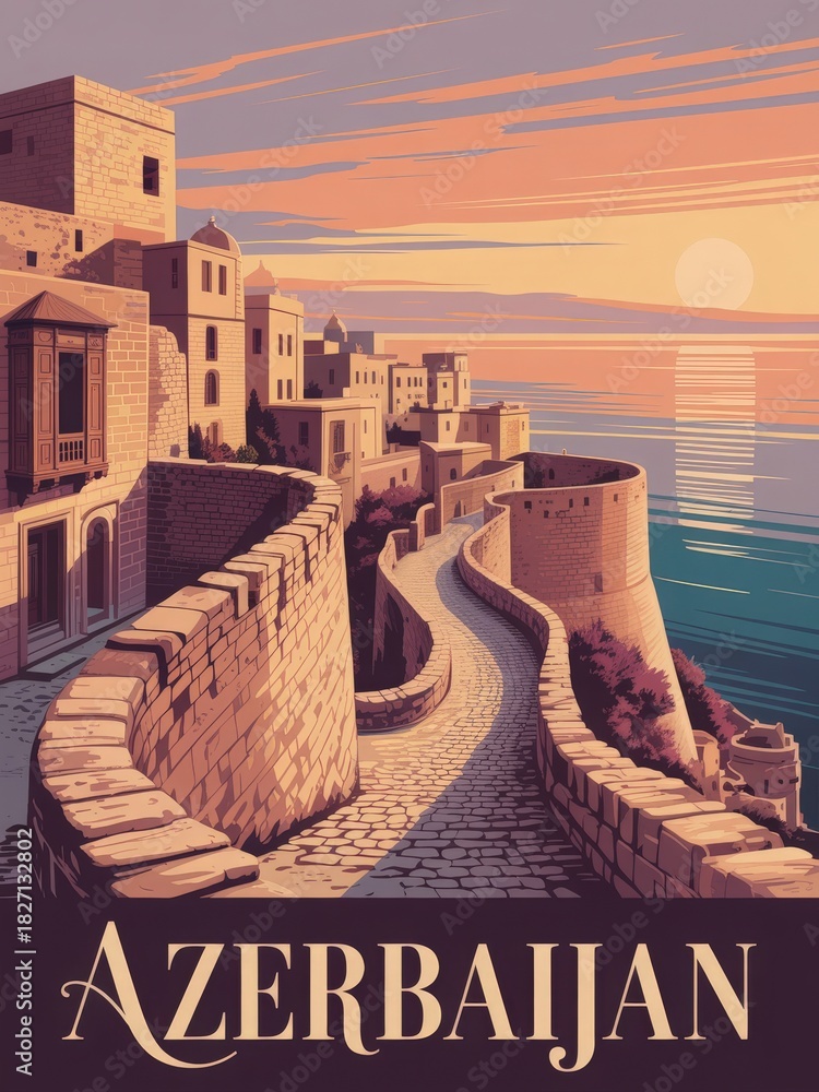 The picturesque scene shows ancient stone walls winding along a coastal path. The sun sets on the horizon, illuminating historic buildings and creating a tranquil atmosphere in Azerbaijan.