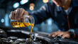 © Laura - Oil pouring process, engine lubrication, mechanic performing service, automotive maintenance procedure, fluid addition careful, professional care ensuring, faceless technician hand