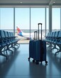 © Viktor - Two blue suitcases wait in an empty airport hall near rows of seats. A plane is visible outside the large windows. Travelers prepare for their flight in the terminal.