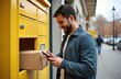 © Viktor - Man retrieves package from bright yellow delivery locker using smartphone. He smiles, happy with modern parcel service, urban convenience. Easy access with app notification for online shopping.