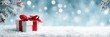 © SKIMP Art - christmas background with a white gift box and red ribbon on snow, a blue sky with bokeh lights and pine tree branches Generative AI