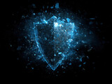 Glowing blue digital shield breaking into shards with fragmented glass pieces and smoky particles conveying dramatic cyber security breach and explosive energy