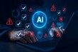 © Carlos Montes - AI risk management and ethics safety concept with checklist and alert icons floating over laptop as professional ensures responsible artificial intelligence system through compliance and validation