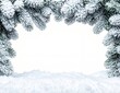 © Office - Snowy Christmas Tree Branches and Snowdrift Frame on White Background.