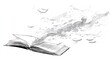 © Mundhut - Black and white illustration of an open book with wispy smoke and paper drifting upward