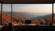 © victor - Modern office workspace with large windows overlooking autumn mountain landscape. Wooden desk with computer.