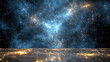 © siraphol - Blue nebula starfield above illuminated metallic surface with distant golden lights