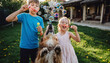 © Athiphat - Playful children blowing bubbles with joyful dog trying to catch them in sunny backyard, creating happy and lively family moment outdoors