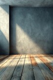 Plain cement wall and wooden floor in cinematic animated movie style with creative texture, dramatic lighting, realistic depth, minimal interior background for design and visual concept