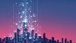 © musgraphy - Futuristic cityscape silhouette with bright blue digital data streams rising from skyscrapers against a vibrant pink and purple gradient sky