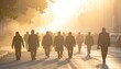 © Khairul - A group of people walking towards the viewer on a city street bathed in bright sunlight, creating silhouettes and a sense of movement.