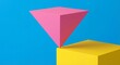 © Infinitylight - Inverted pink pyramid balancing on a yellow cube edge. Memphis style concept of creative risk, startup strategy, business instability, and innovation.