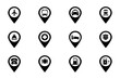 © Wiwi - Public facility location pointer set on white background. Symbol of station, restaurant, hospital, hotel, airport, public facilities. Set vector line icons of public facility