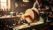 © vivekFx - Woodturning lathe with flying wood shavings in workshop
